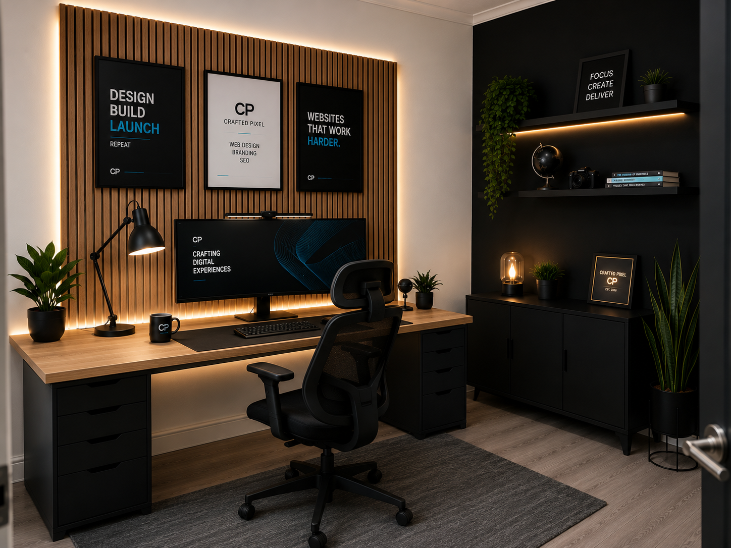 Crafted Pixel studio workspace with branded design and development setup